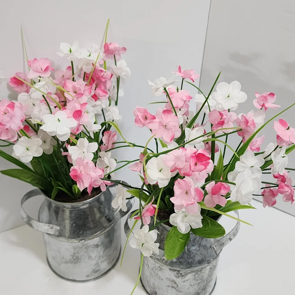 set of 2‎ Galvanized Milk Can Planters with Pink White Artificial Spring Flowers